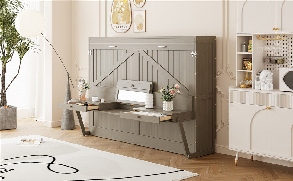 Queen Size Wall Murphy Bed with Storage, Foldable Cabinet Bed with Vanity Desk, Center Mirror & 2 Side Drawers, Distressed Gray