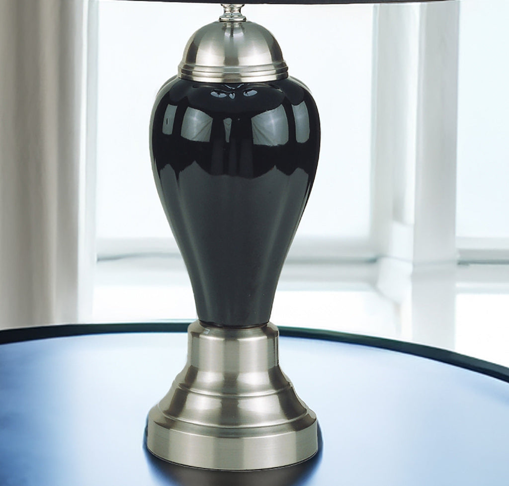 1pc Elegant Crafted Table Lamp Glossy Gray Base Contrasting Metallic Details Pleated Shade Modern Look Porcelain Rotary Switch, 100WATT Black