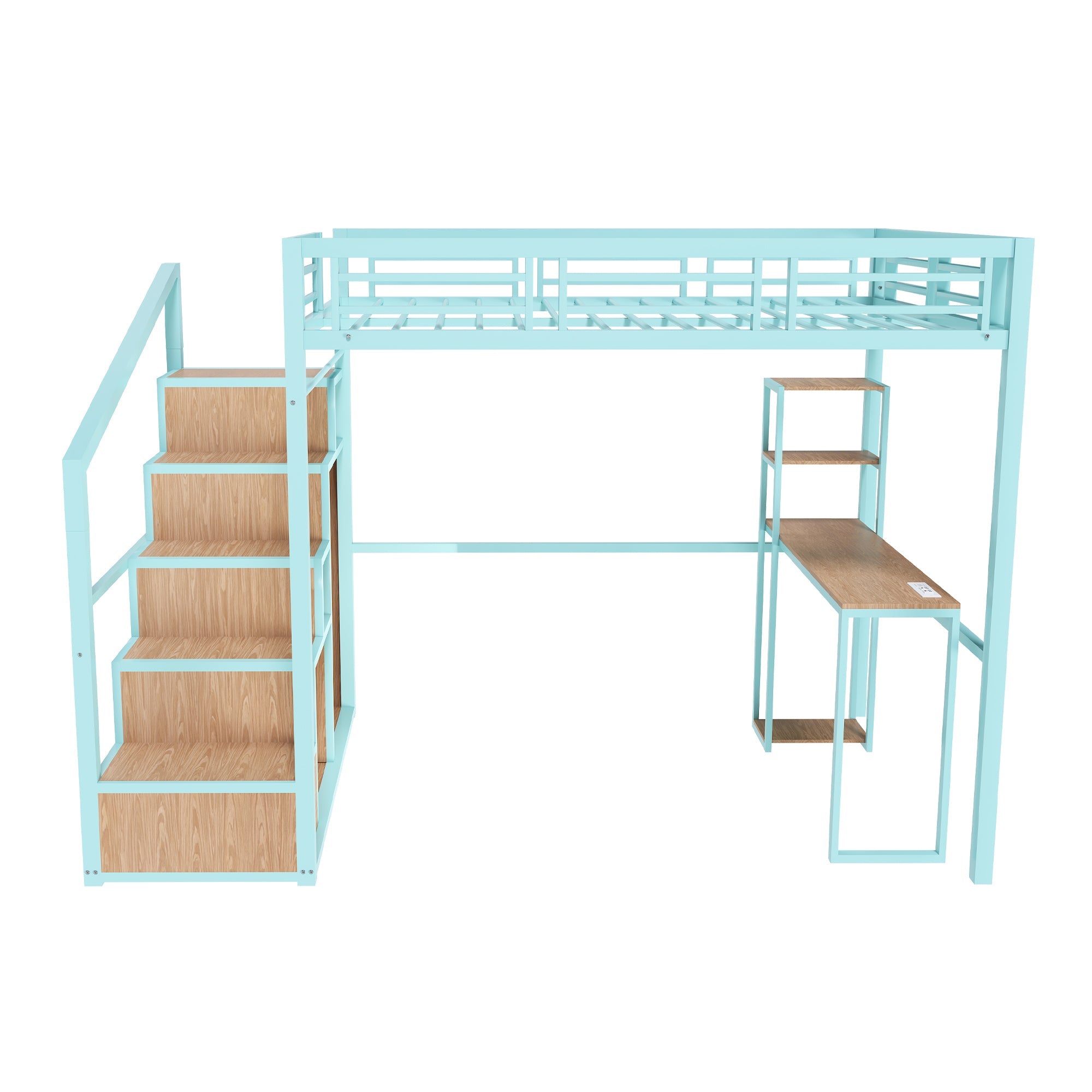 Heavy Metal Frame Full Loft Bed with Desk & Storage, 4 Cabinets, Staircase, Rack Space-Saver for Kids/Teens, Green Color