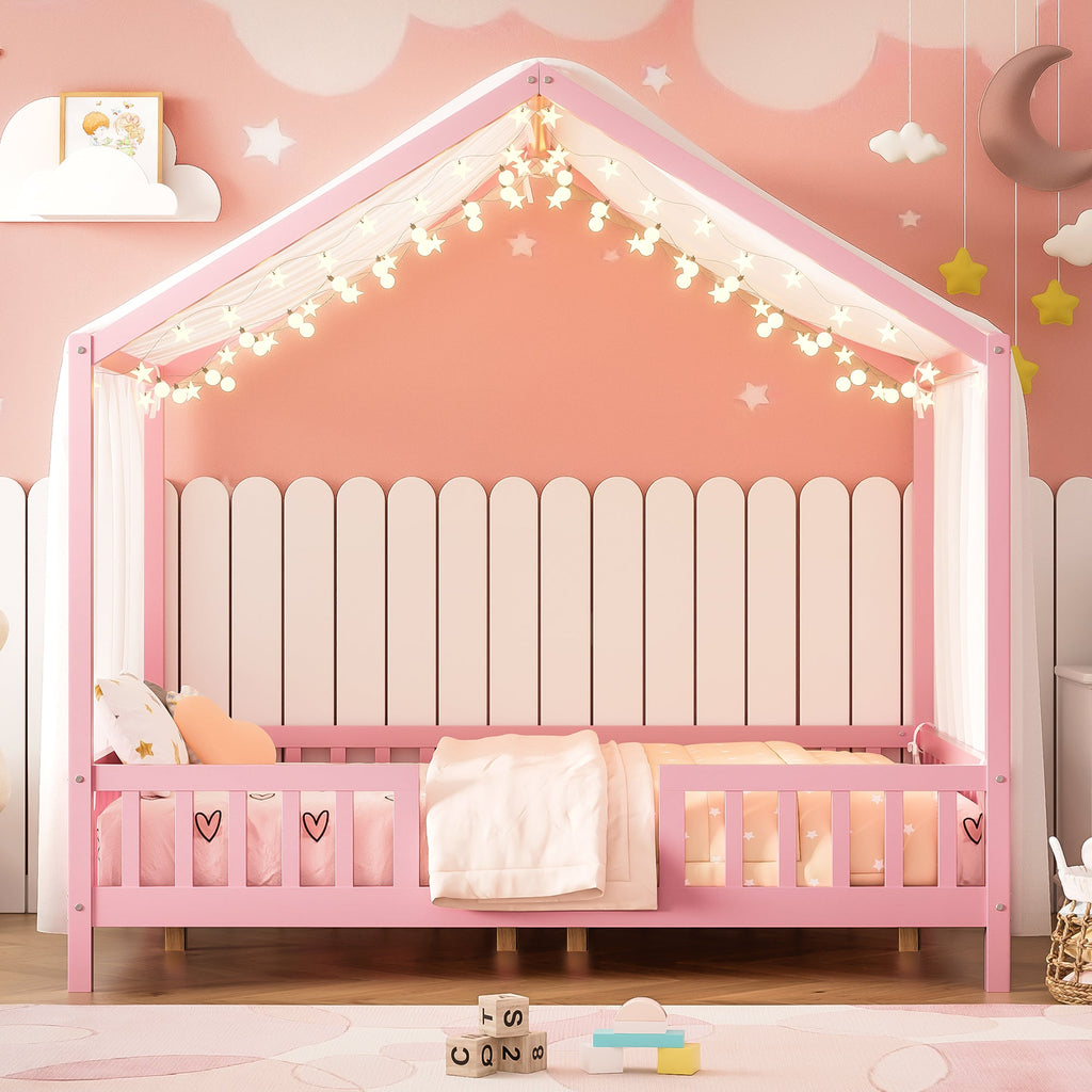 Montessori Floor Bed with Canopy, Full Bed Frame for Kids, House Shape Kids Bed Frame with High Railings, Wood Kids Bed with Roof, Kid Full Bed, Pink