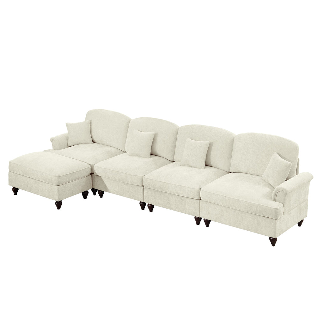 Classic Three Seater Modular L Shaped Sectional Couch with Flared Arms and Removable Ruffles Pleats Skirts and Spindle Legs, Comfy Chenille Four-Seat Deep Seat Sofa with Movable Ottoman, Beige White