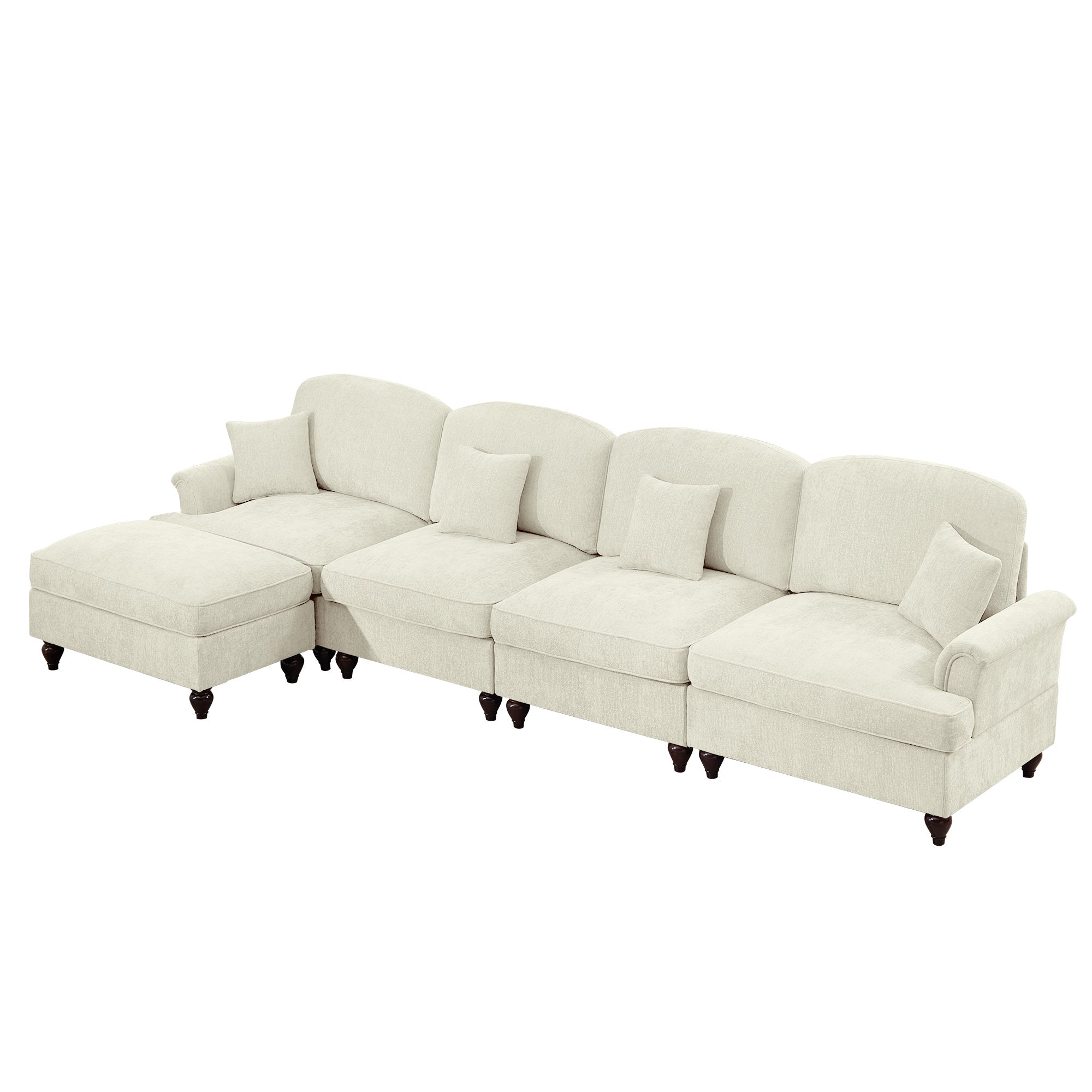 Classic Three Seater Modular L Shaped Sectional Couch with Flared Arms and Removable Ruffles Pleats Skirts and Spindle Legs, Comfy Chenille Four-Seat Deep Seat Sofa with Movable Ottoman, Beige White