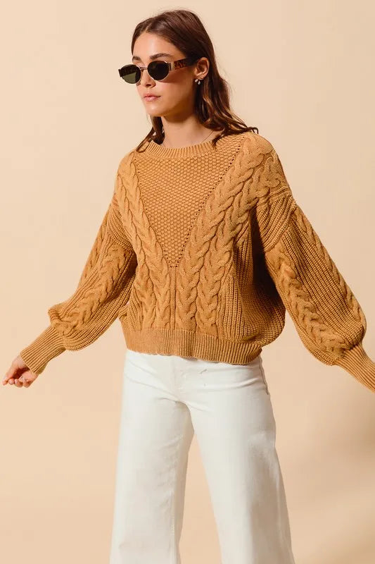 SO ME Mineral Washed Loose Fit Textured Cable Sweater