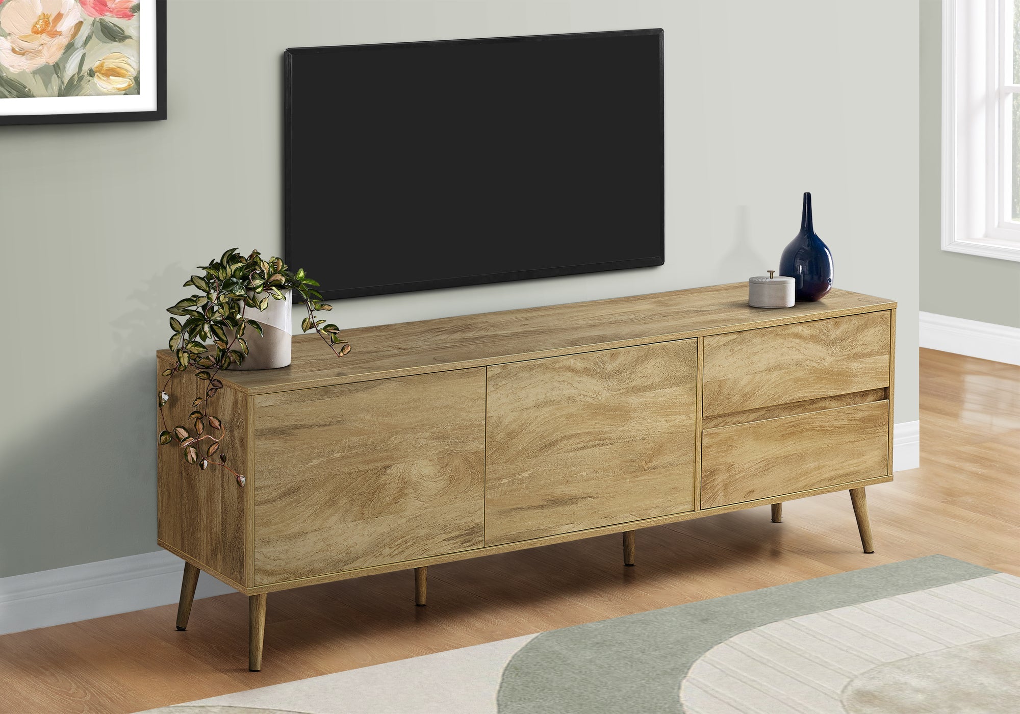 Tv Stand, 72 Inch, Console, Media Entertainment Center, Storage Drawers, Storage Cabinet, Walnut Laminate, Mid Century