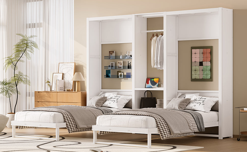 Twin and Twin Murphy Bed, Metal Foldable Murphy Bed with Wardrobe, Shelves and Power Outlets, 2 in 1 Design, Space-saving, White