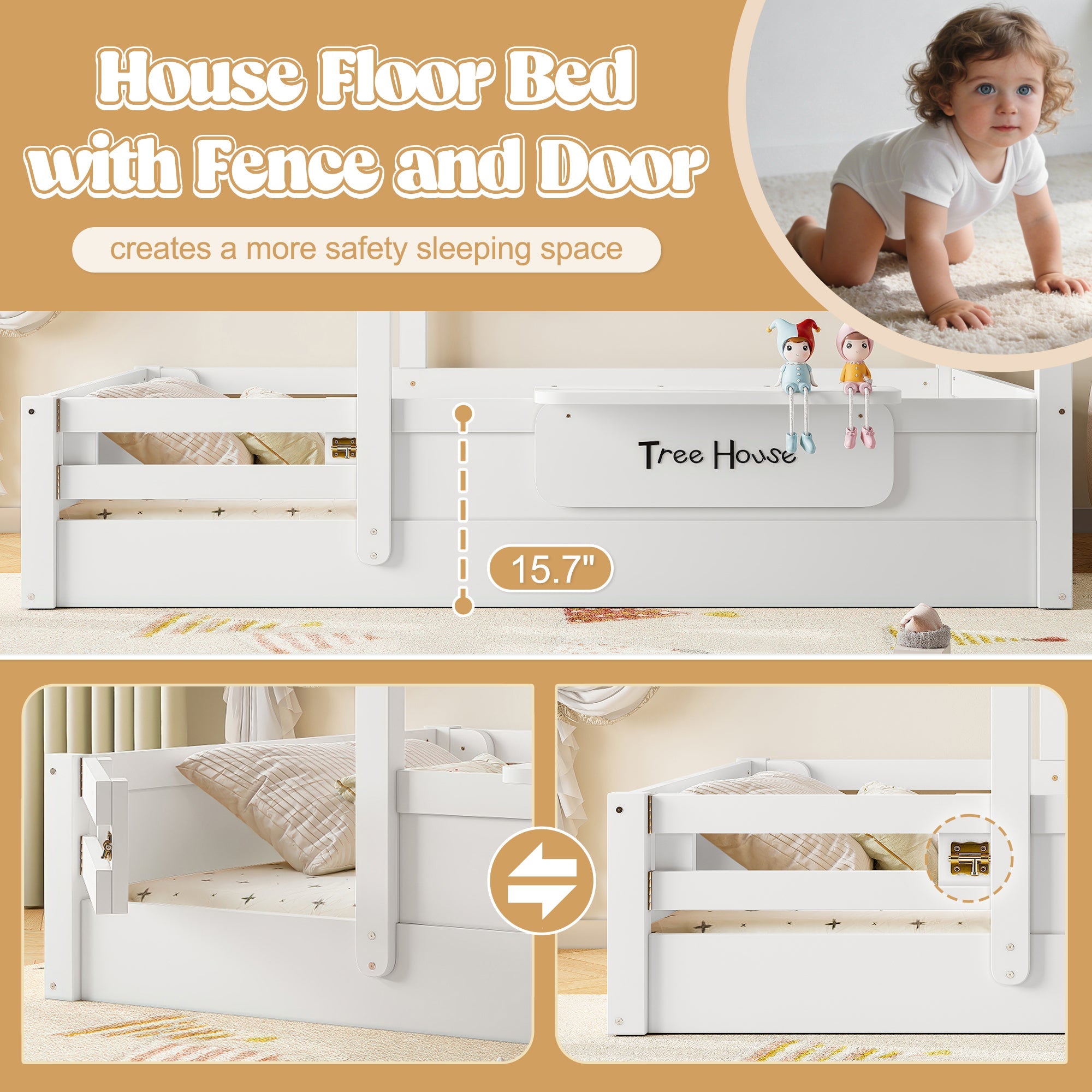 Queen Size Floor Bed with Guardrails and Roof, Kids House Floor Bed with a Small Built-in Tray and Free-installed Signboard, Childlike Design, White