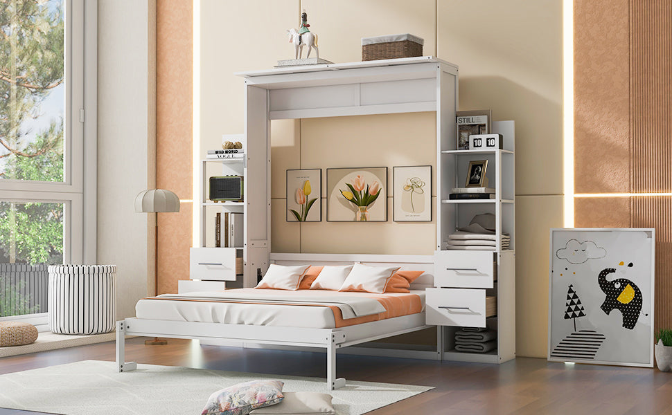 Queen Size Murphy Bed Wall Bed with Shelves, Drawers and LED Lights,White(OLD SKU:LP000566AAK-1)
