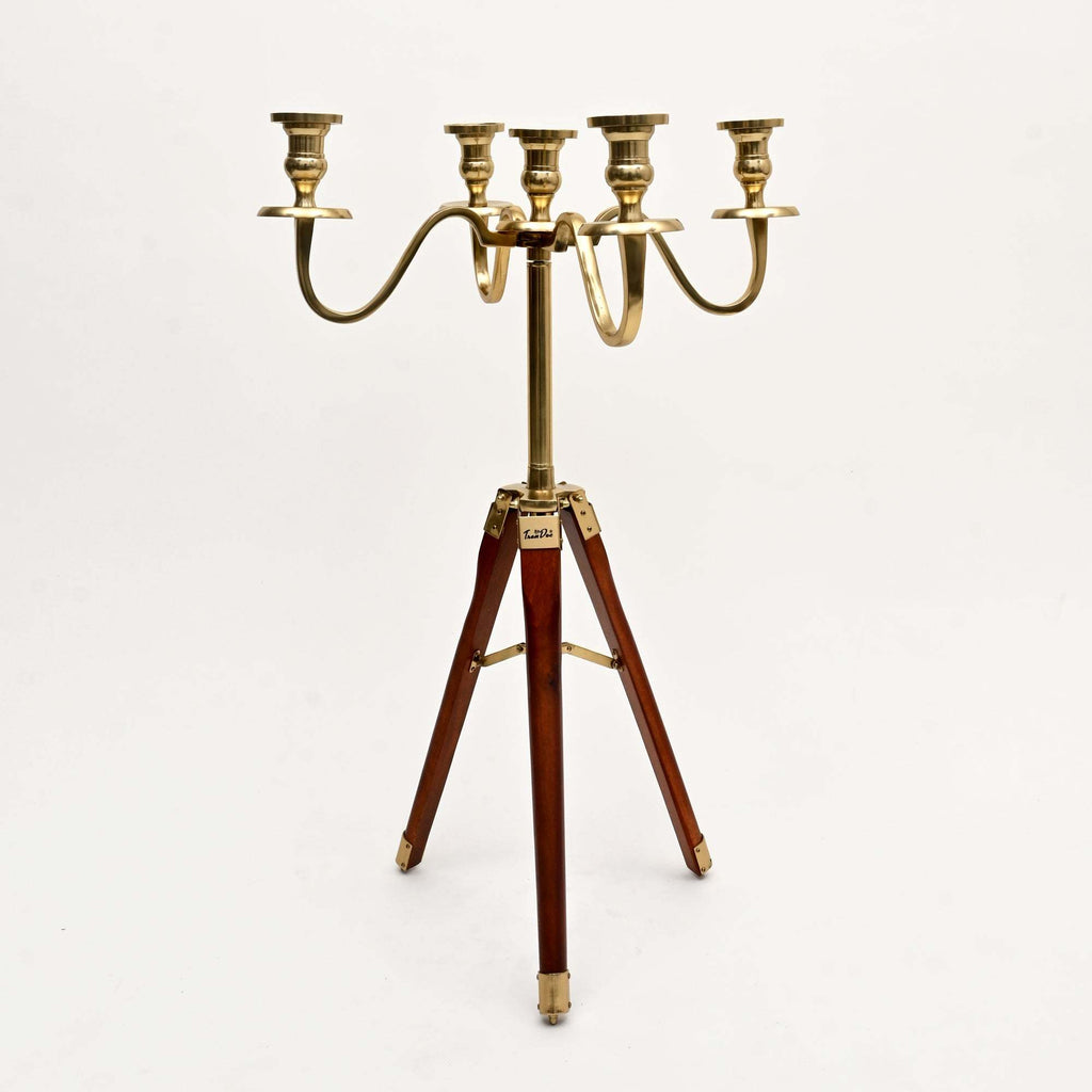 Elegant Tripod Candle Holder – Gold Polished Aluminum with Wood Detailing (17x17x31')