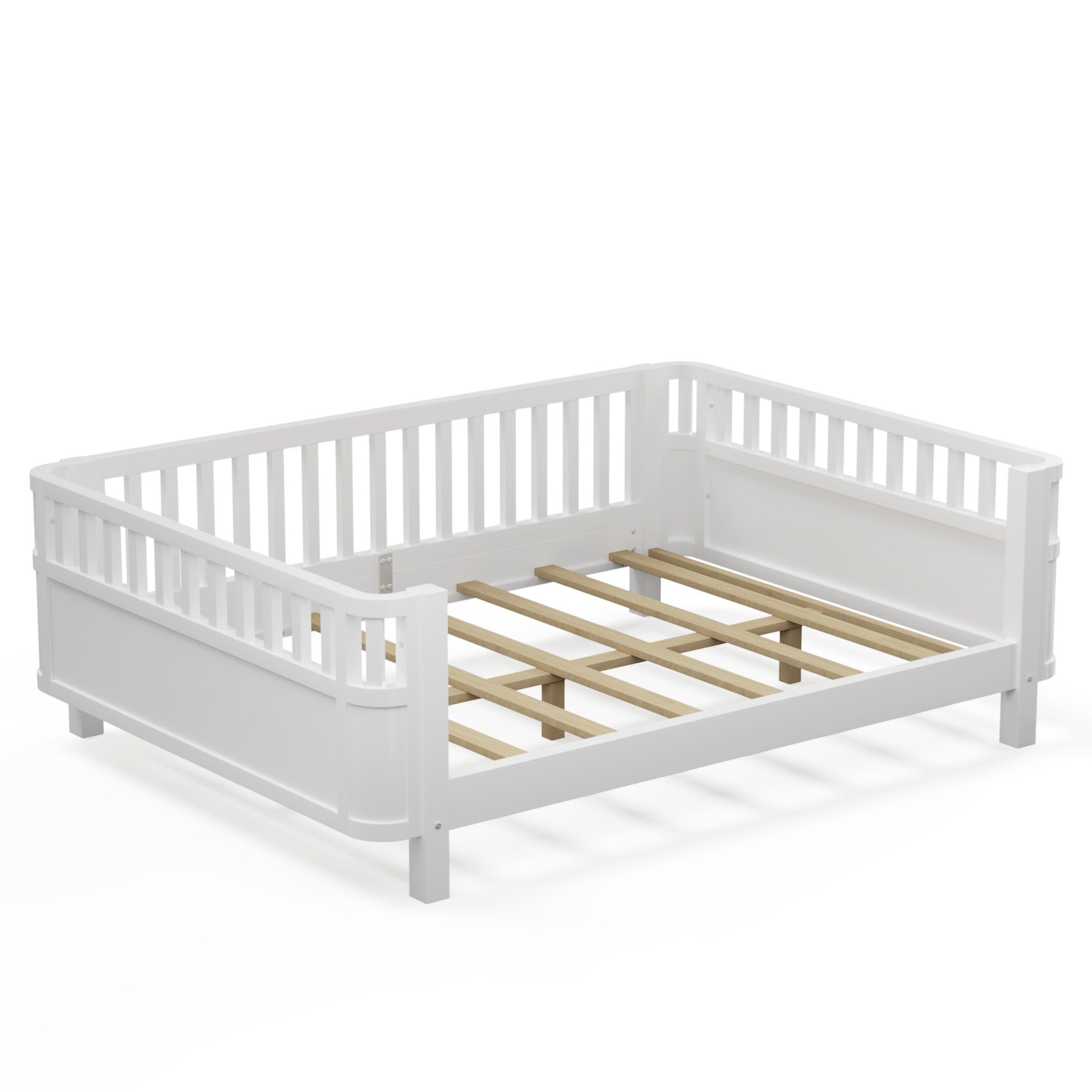 Full Size Wood Platform Bed for Kids, Wood Low Profile Full Bed with Rails for Girls and Boys, White (Patented Design, Old SKU W2593P233767)