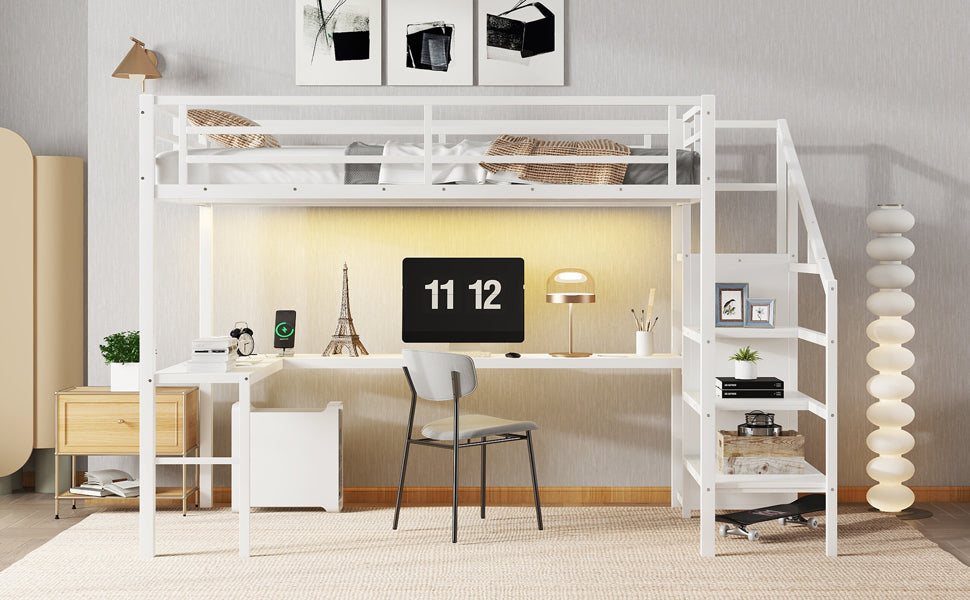 Twin XL Size Loft Bed with L-shaped Desk and USB, Metal Loft Bed with Wardrobe and Adjustable Shelf, High Loft Bed with LED for Kids Teens Adults, White