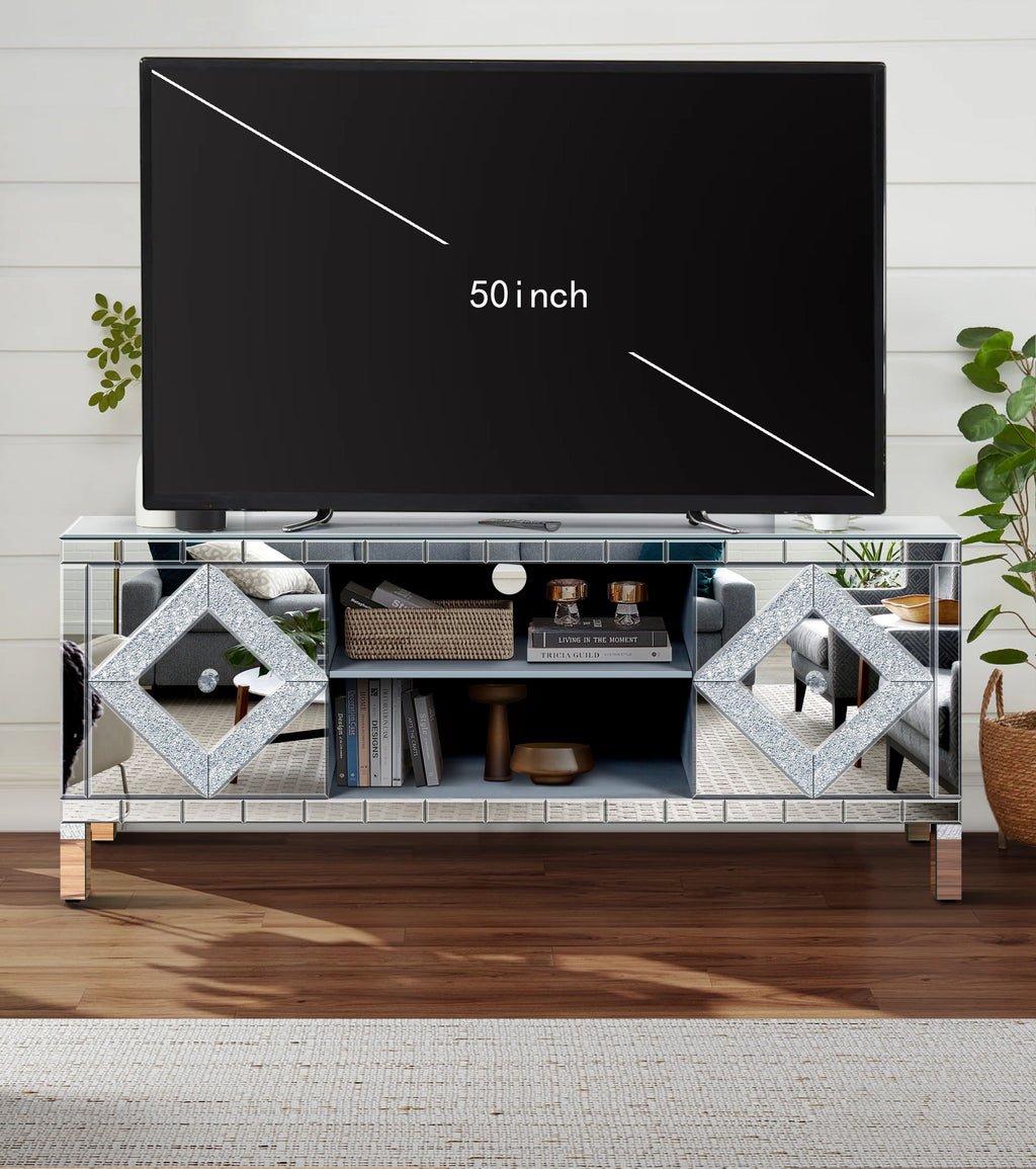 47 Inch Mirror TV Media Console with Diamond Glass Doors, Dual Door Design and Open Storage Space, Compatible with 50-Inch TVs&Modern Decor for Living Room & Bedroom
