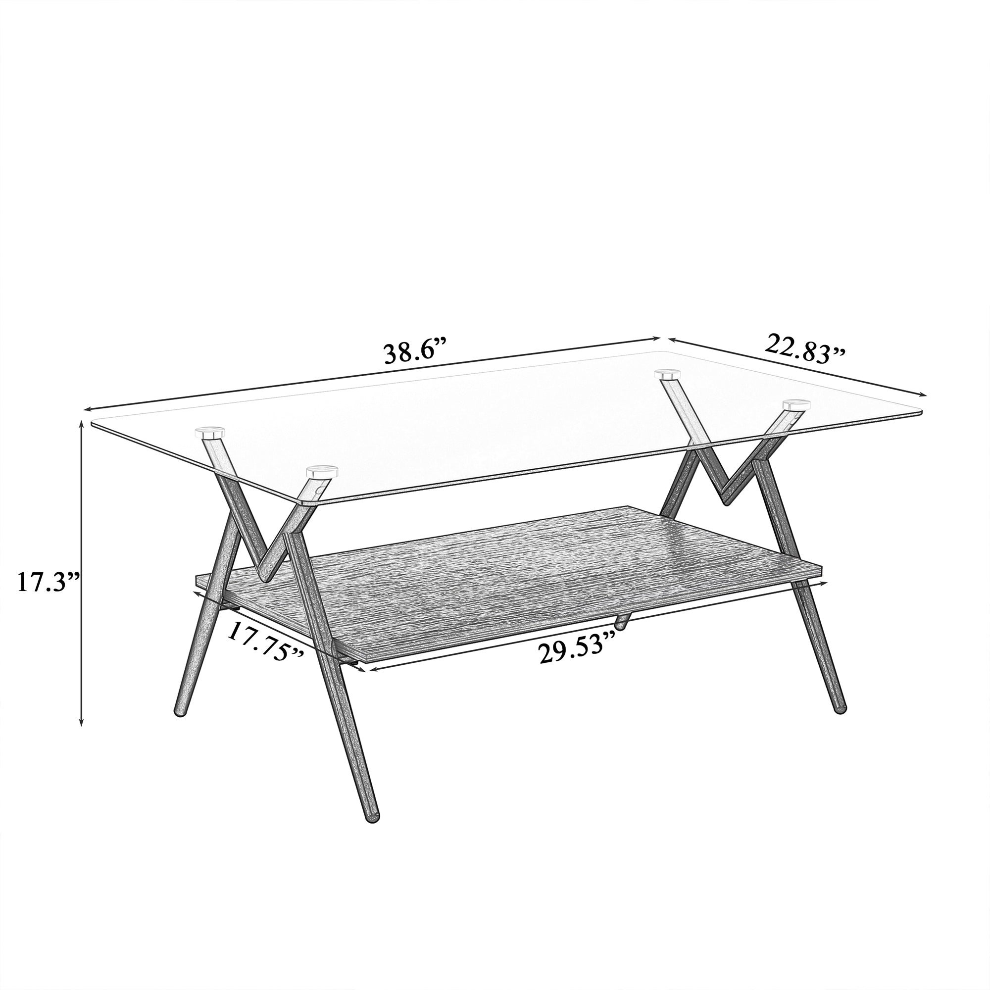 Rectangle Coffee Table with Tempered Glass top and Black MDF Shelf, Modern Table for Living Room, Gray Glass
