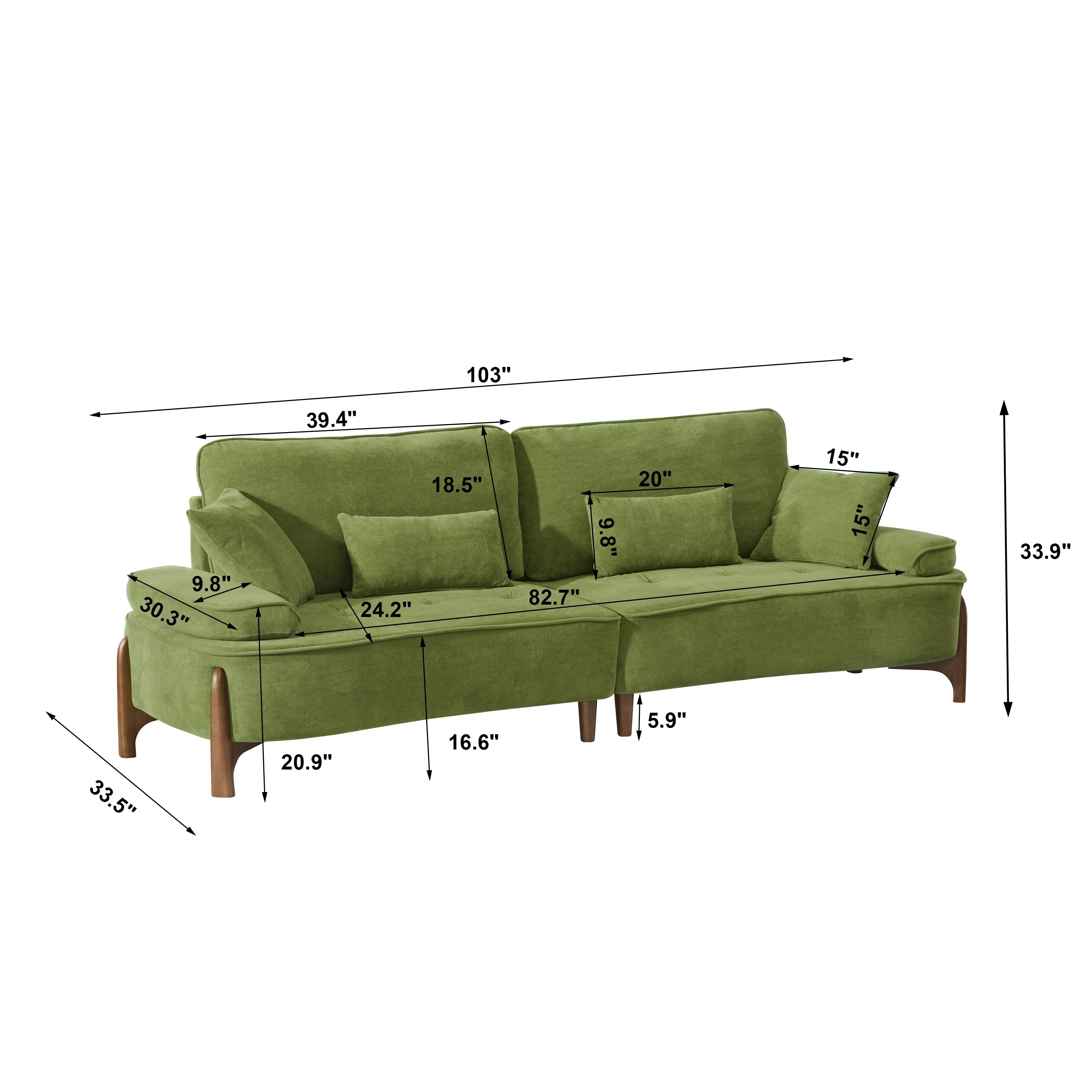Cloud Velvet Deep Seated Sofa with Pillows, Green, Foam, 103 Inch