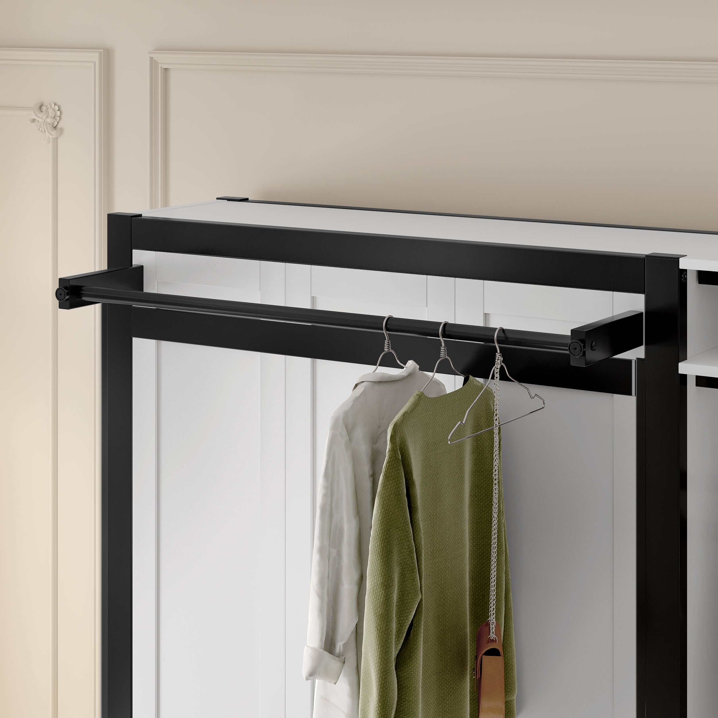 Twin and Twin Murphy Bed, Metal Foldable Murphy Bed with Wardrobe, Shelves and Power Outlets, 2 in 1 Design, Space-saving, White