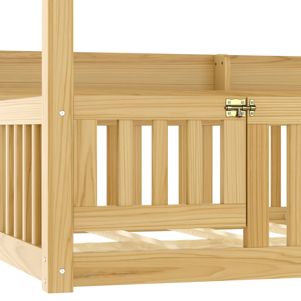 Full Size Canopy Bed with Guardrails, Solid Wood Floor Bed with Shelves, Montessori Floor Bed Frame for Kids, Boys, Girls, No Spring Box Needed, Natural