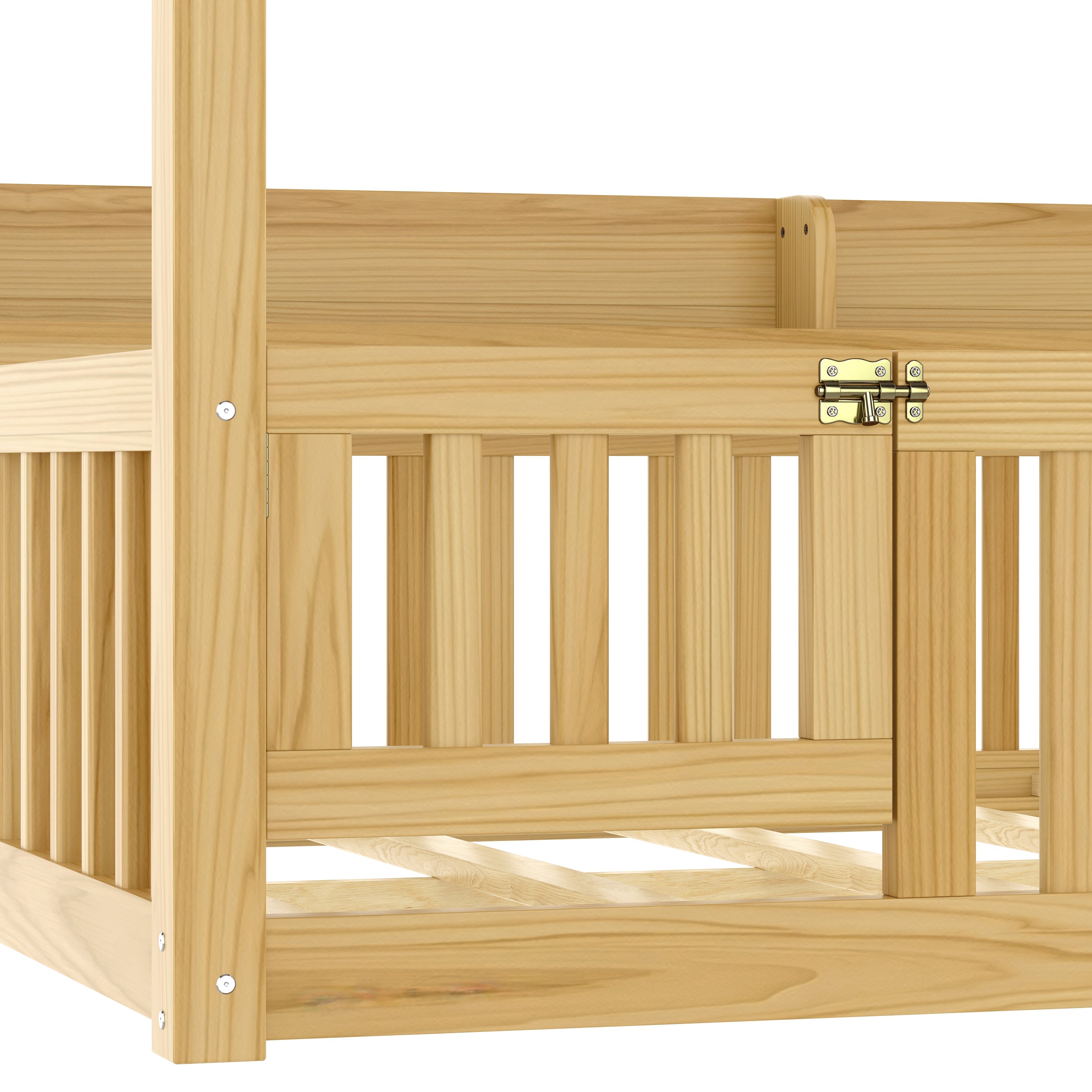Twin Size Canopy Bed with Guardrails, Solid Wood Floor Bed with Shelves, Montessori Floor Bed Frame for Kids, Boys, Girls, No Spring Box Needed, Natural