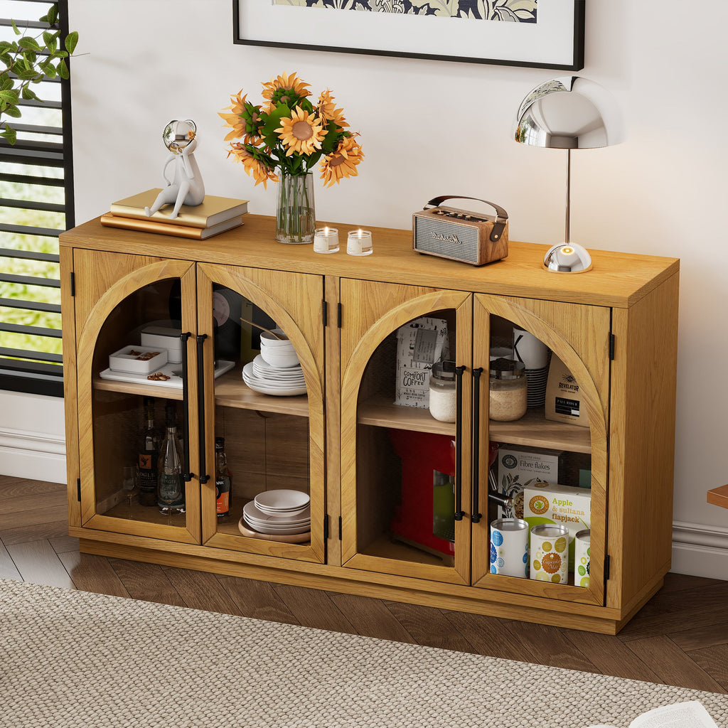 TREXM 4-Door Large Storage Sideboard Buffet Cabinet with Glass Doors, Arched Cabinet with Adjustable Shelves for Kitchen, Dining Room and Living Room (Natural Wood)
