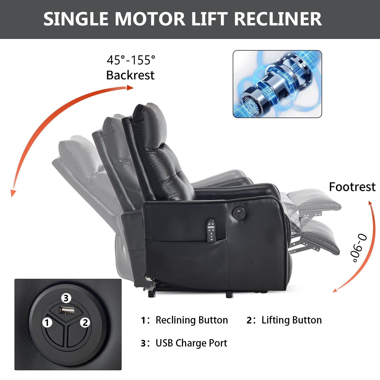 Black PU Single Motor Power Lift Recliner Chair with Massage and Heat for Elderly, Heavy Duty Motion Mechanism and One USB for Charging, Max Reclining Angle 155°