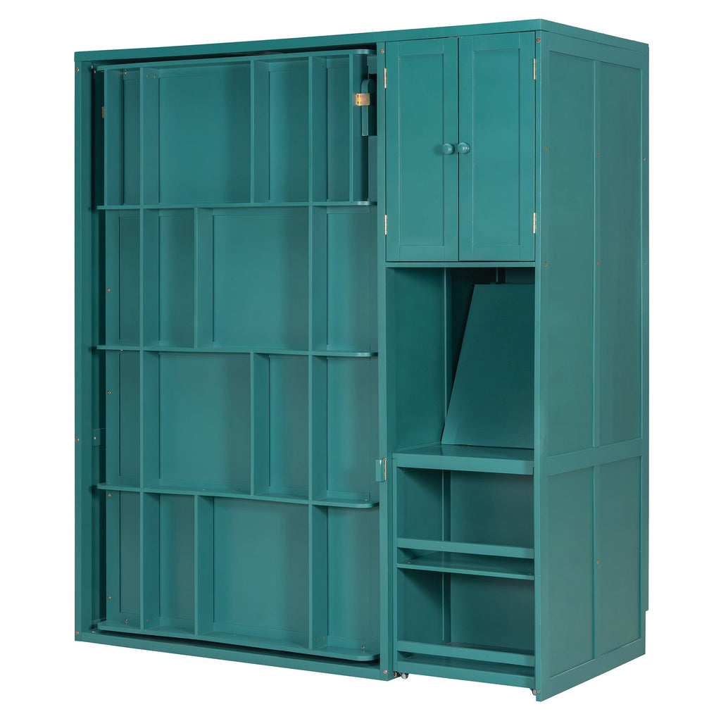 Twin Size Rotating Wall Murphy Beds with Bookshelf, Top Cabinet, Extendable Desk & Side Storage, Teal