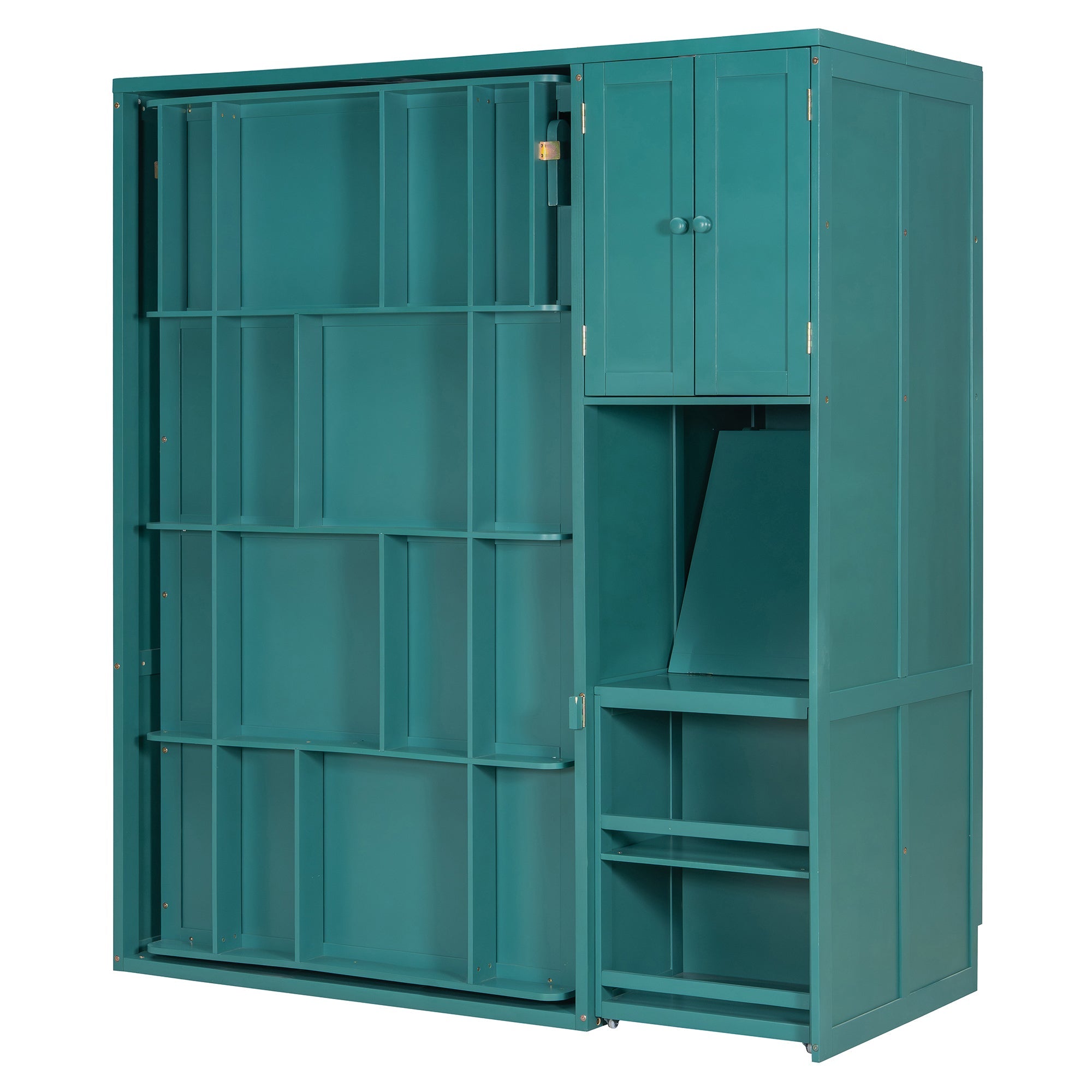 Twin Size Rotating Wall Murphy Beds with Bookshelf, Top Cabinet, Extendable Desk & Side Storage, Teal