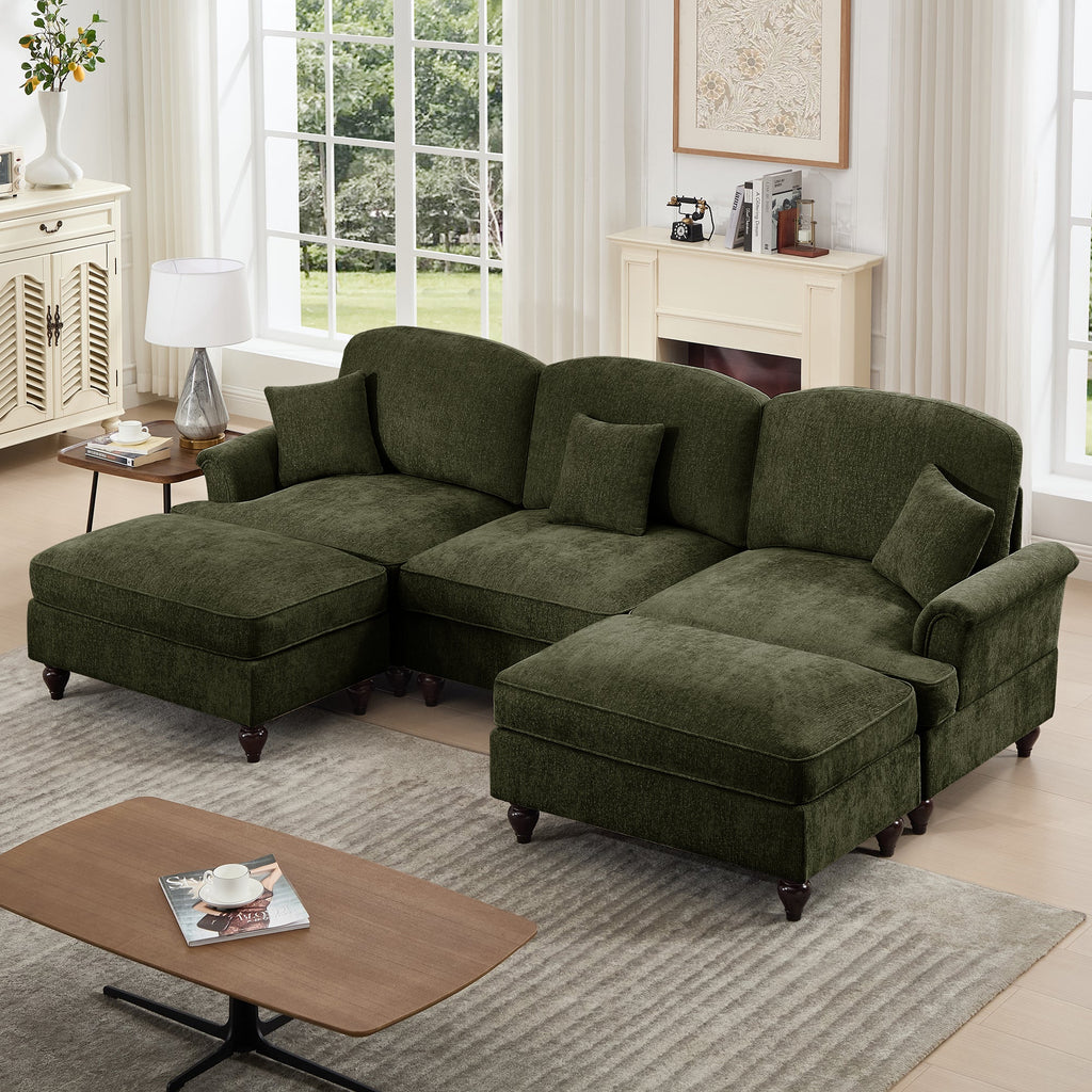Classic Comfy Modular U Shape Sectional Sofa Couch with Flared Arms and Removable Ruffles Pleats Skirts and Spindle Legs, Upholstered Chenille Deep Seat Cloud Sofa with Movable Ottomans,Green