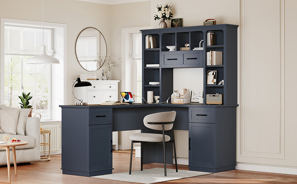 L-Shaped Computer Desk with 2 Cabinets and 2 Drawers, 11 Open Shelves, with Power Outlet, for Study, Living Room and Office, Antique Blue