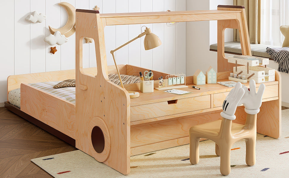 Full Size Floor Bed with Interesting Car-shape Design, Kids Car Floor Bed with Storage Drawers, Window, and Desk, Childlike Design, Natural