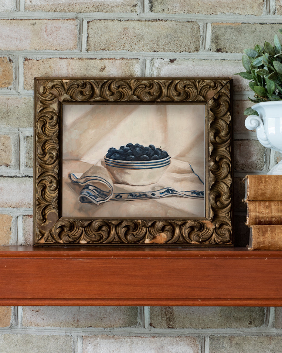 Blueberries in a Striped Bowl Print