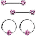 14G 9/16 Pink Gem BCR Captive Ring Barbell Nipple Ring Set