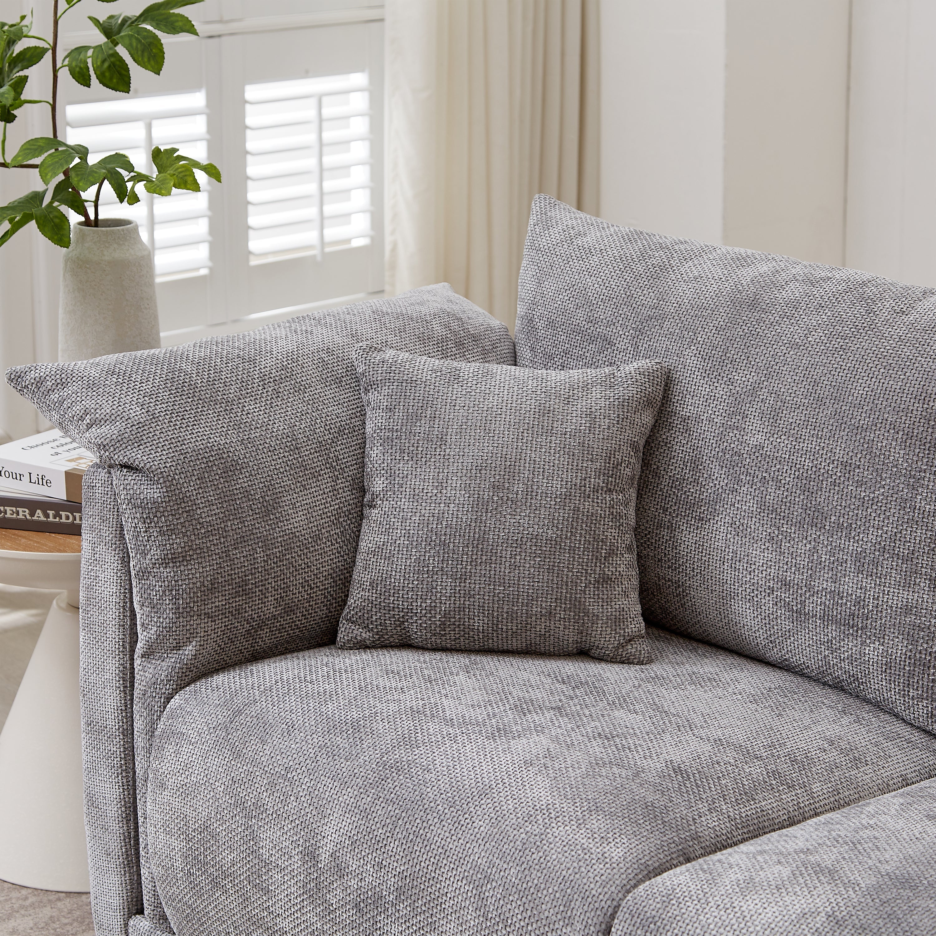 98.5' 3-seater sofa with unique design and soft arm pillows Contemporary style linen sofa with 3 comfortable cushions with 2 pillows Suitable for living room bedroom and office,grey