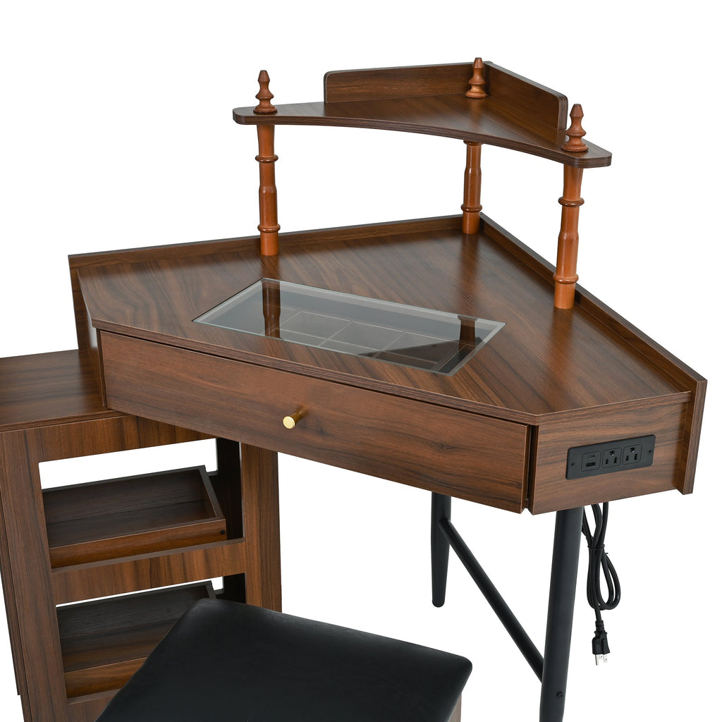 Corner Vanity Desk Set with Storage Cushioned Stool and Charging Station, Triangle Makeup Desk with Removable Pull-Out Side Cabinet, Glass Tabletop Makeup Vanity Desk with Drawer and Shelf, Walnut
