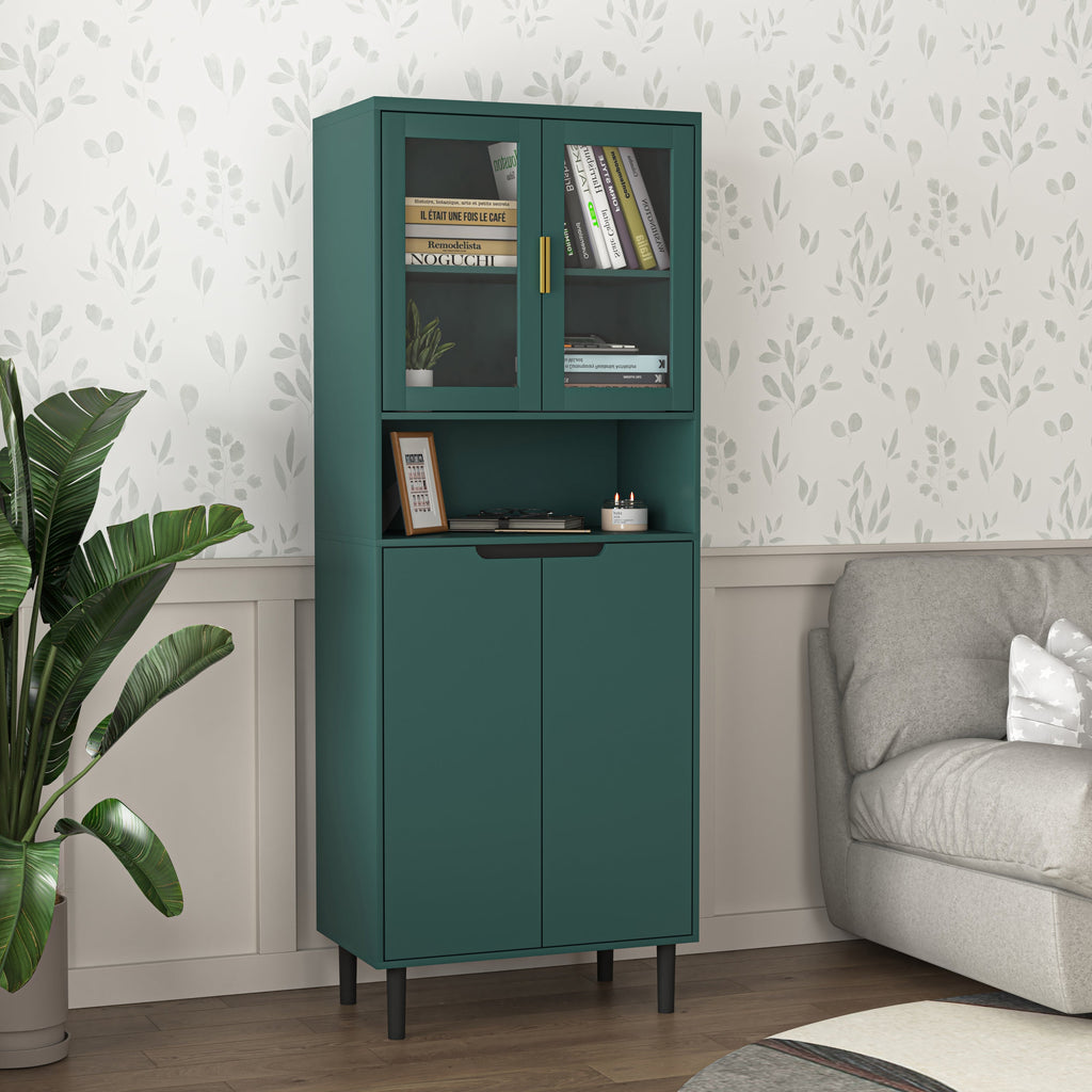 Tall Storage Bookcase with 2 Glass Display Door & 2 Doors, Tall Kitchen Pantry Cabinet with Gold Handles, Modern Cabinet Freestanding Living Room Green