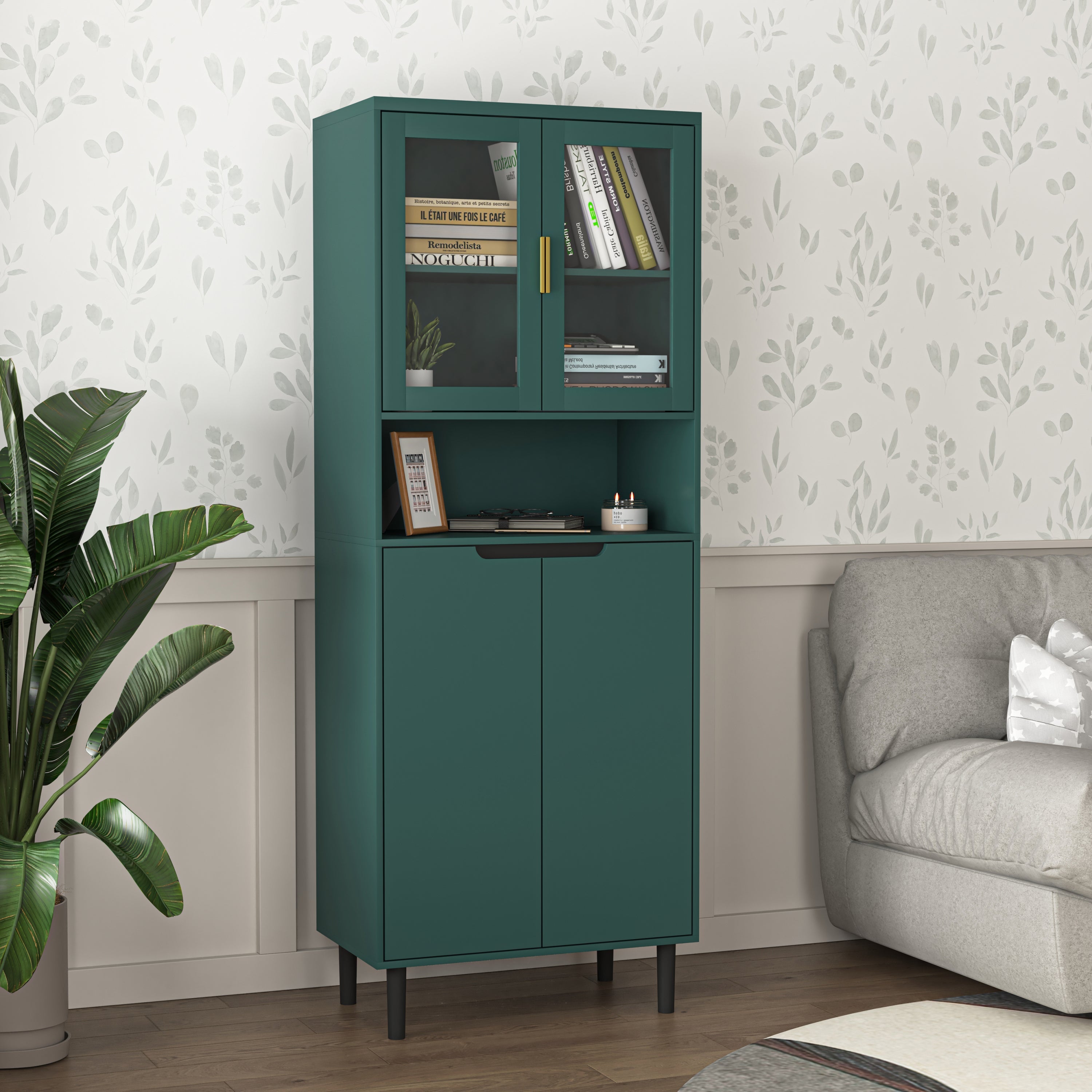 Tall Storage Bookcase with 2 Glass Display Door & 2 Doors, Tall Kitchen Pantry Cabinet with Gold Handles, Modern Cabinet Freestanding Living Room Green