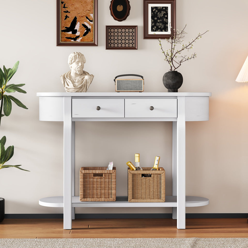 TREXM Elegant Retro Console Table with Curved Design and Smooth Glaze for Entryways, Living Rooms and hallways (Antique White)
