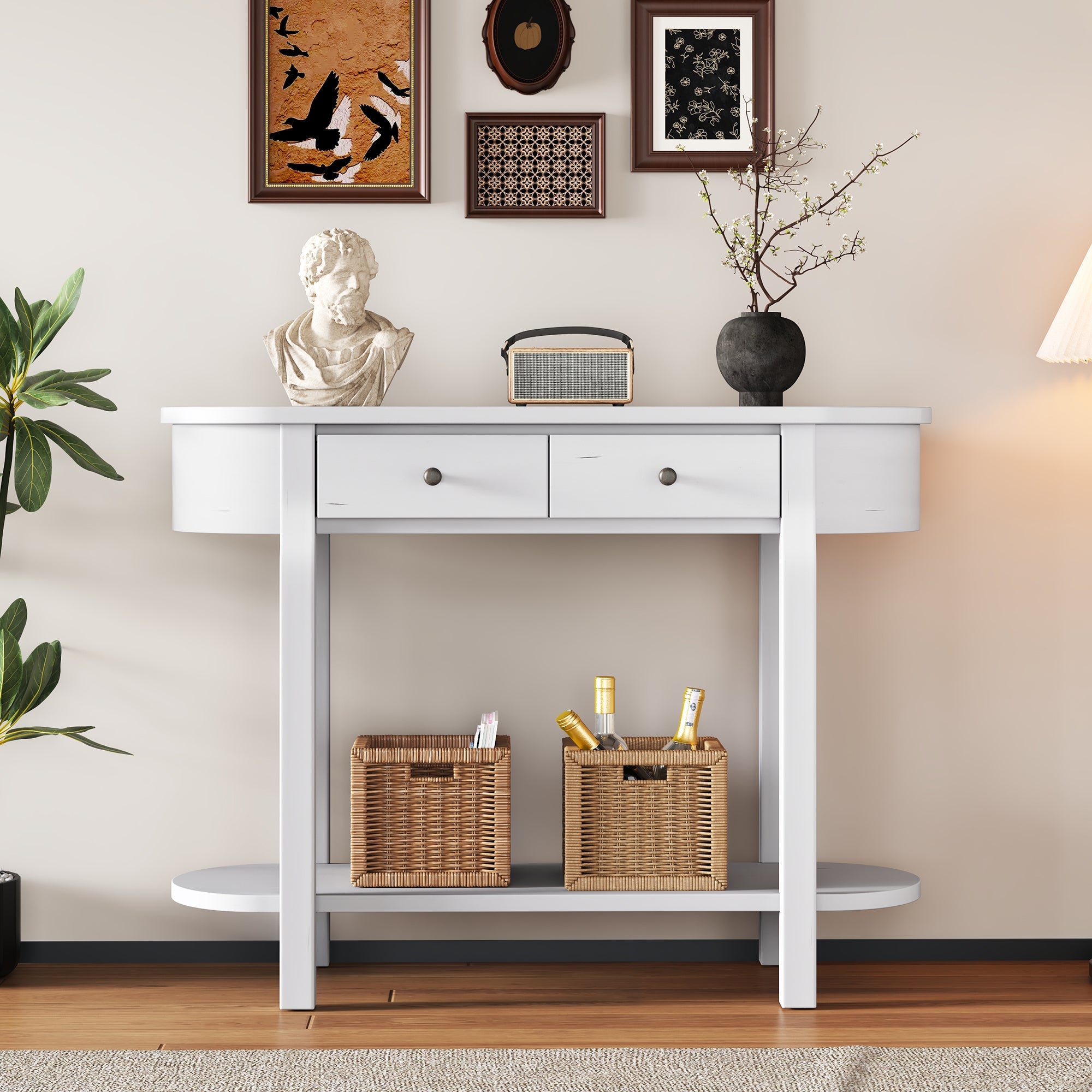 TREXM Elegant Retro Console Table with Curved Design and Smooth Glaze for Entryways, Living Rooms and hallways (Antique White)