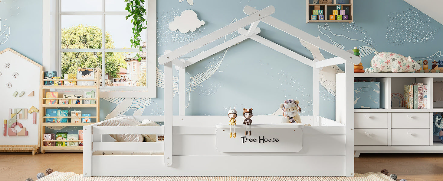 Queen Size Floor Bed with Guardrails and Roof, Kids House Floor Bed with a Small Built-in Tray and Free-installed Signboard, Childlike Design, White