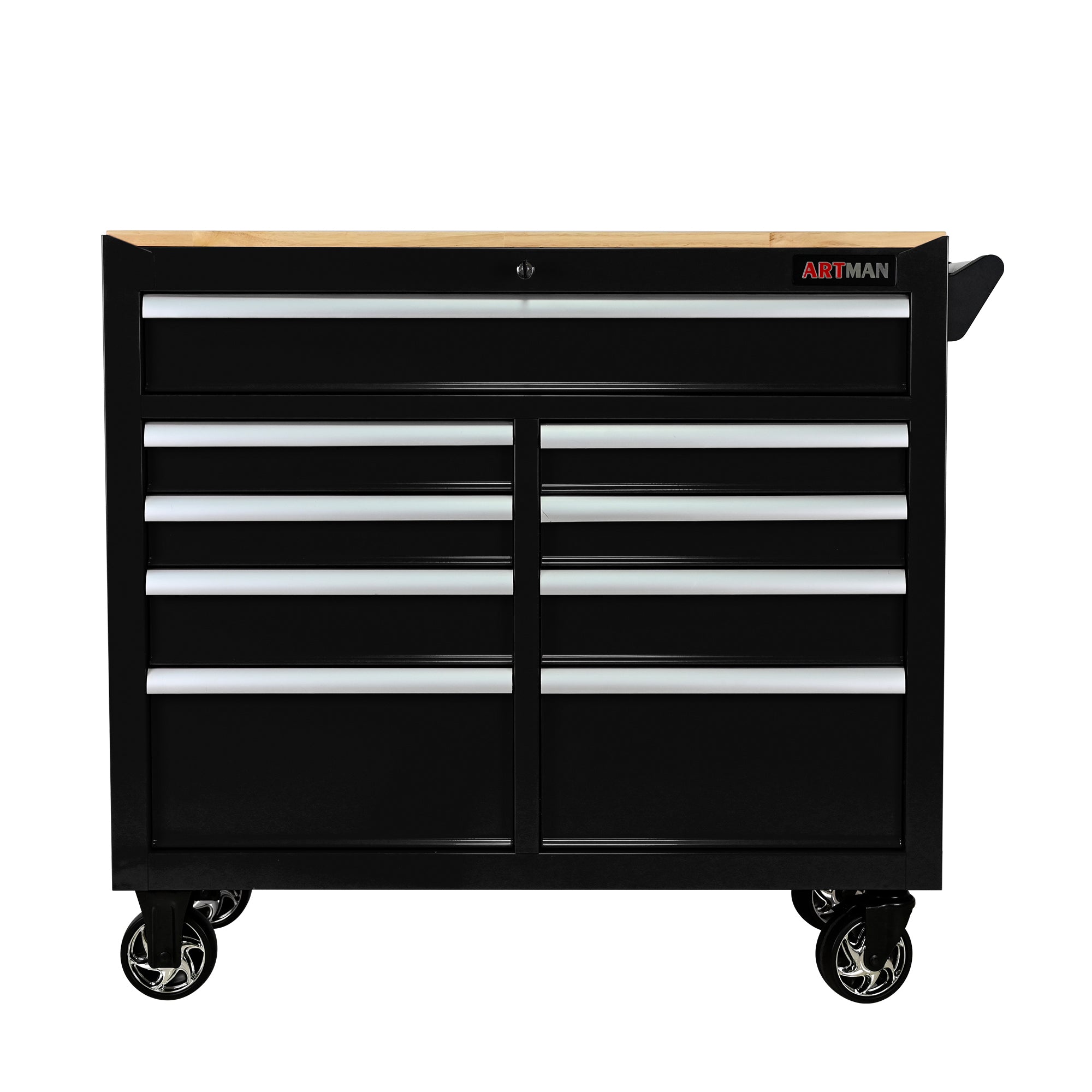 9-Drawer Multifunctional Steel Tool Cart with Wheels and Wooden Top, Black