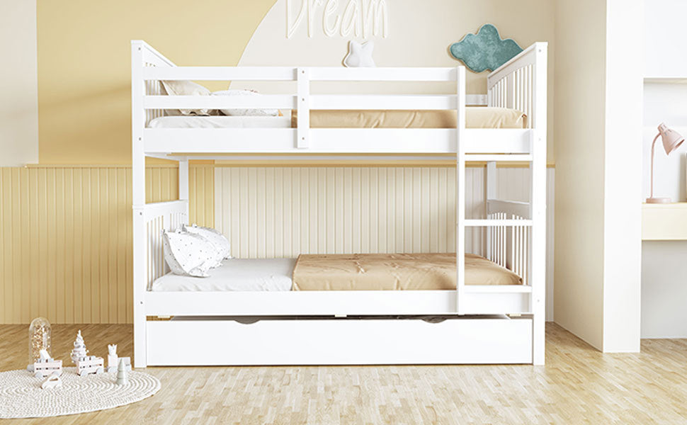 Full over Full Bunk Bed with Twin Size Trundle and Ladder-White(Old SKU: LT000204AAK)