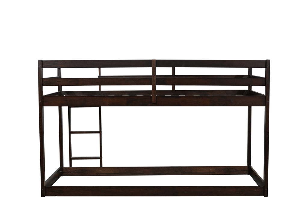 Solid Wooden, Solid Rubber Wooden Twin over Twin Floor Bunk Bed with Ladder, with Bed Platform of Strengthened Slats  , Espresso
