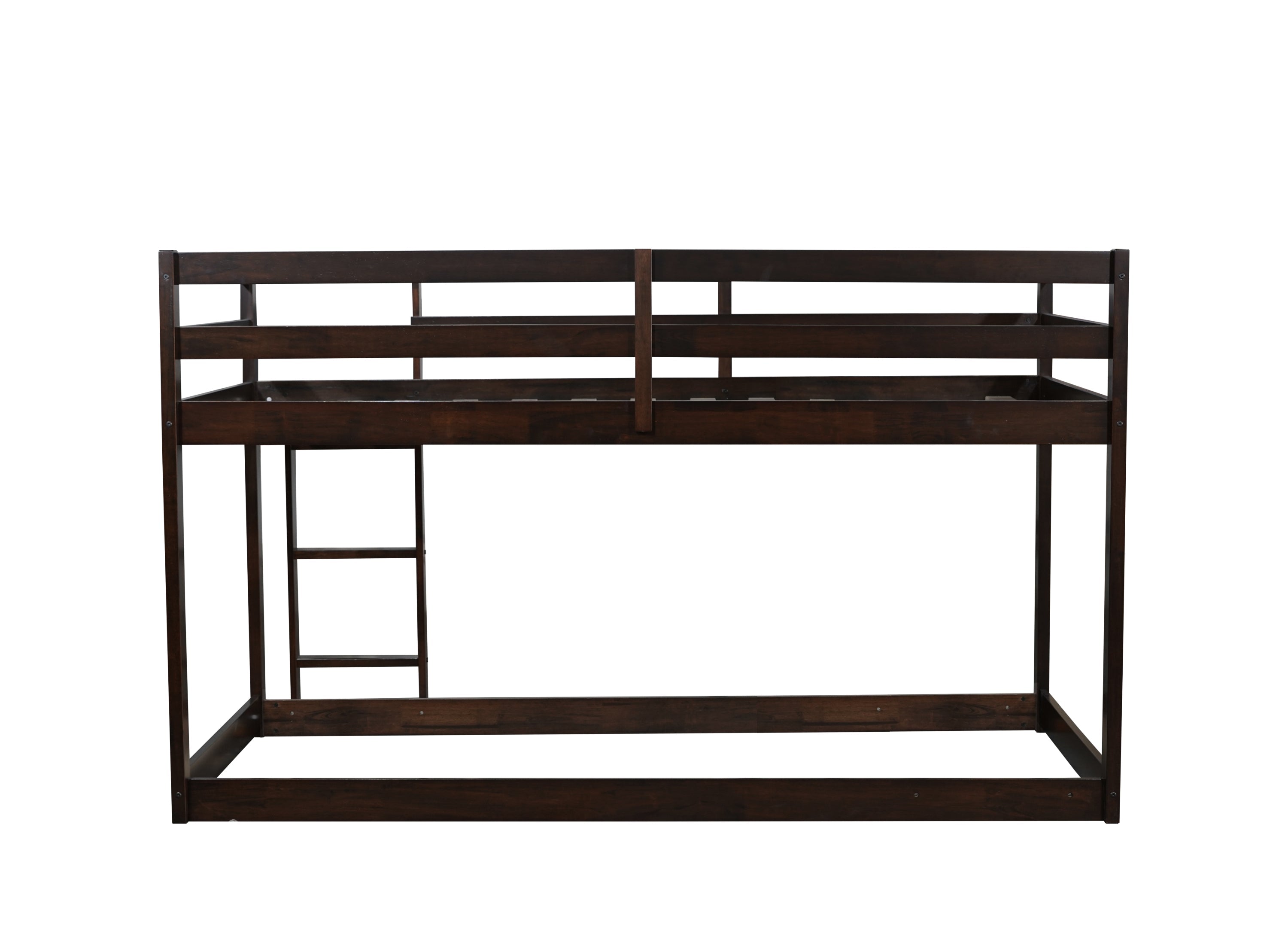 Solid Wooden, Solid Rubber Wooden Twin over Twin Floor Bunk Bed with Ladder, with Bed Platform of Strengthened Slats  , Espresso
