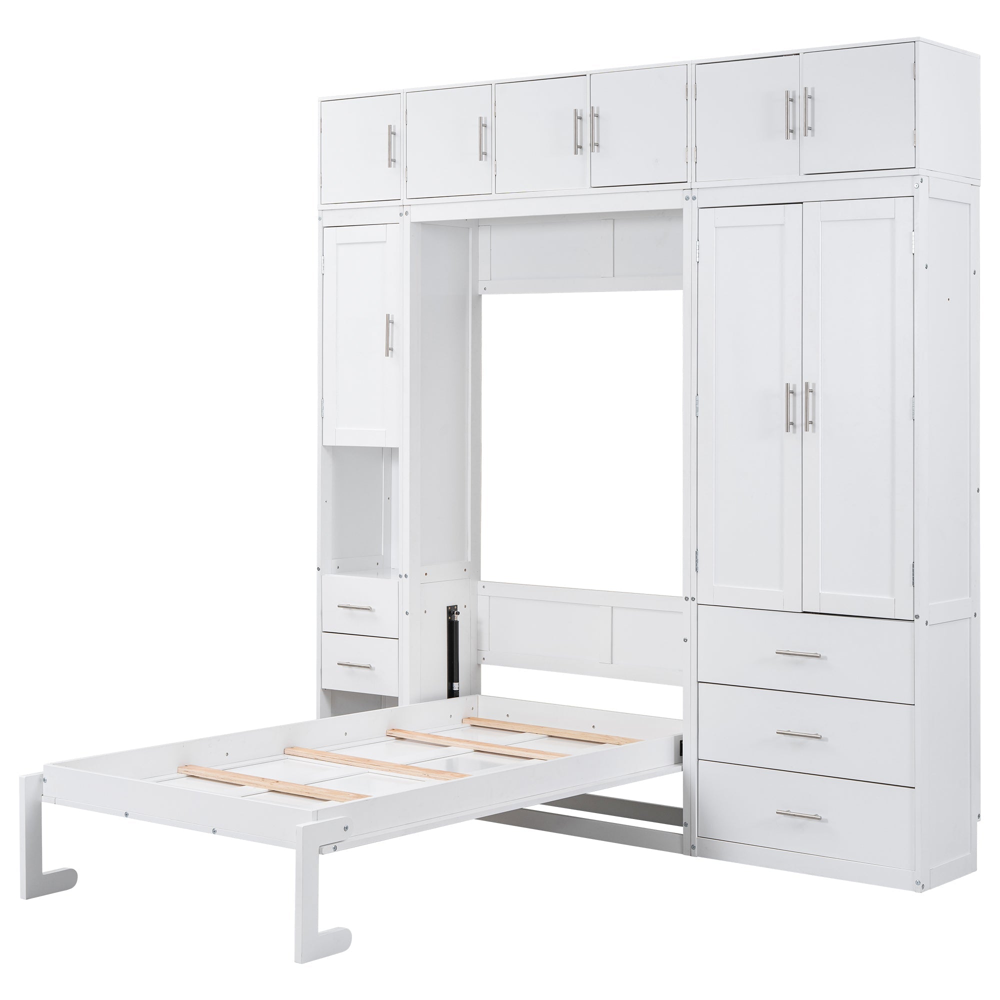 White Twin Size Murphy Bed with Lockers and Wardrobes, MDF+Pine, 93.2''L x 15.7''W x 99''H