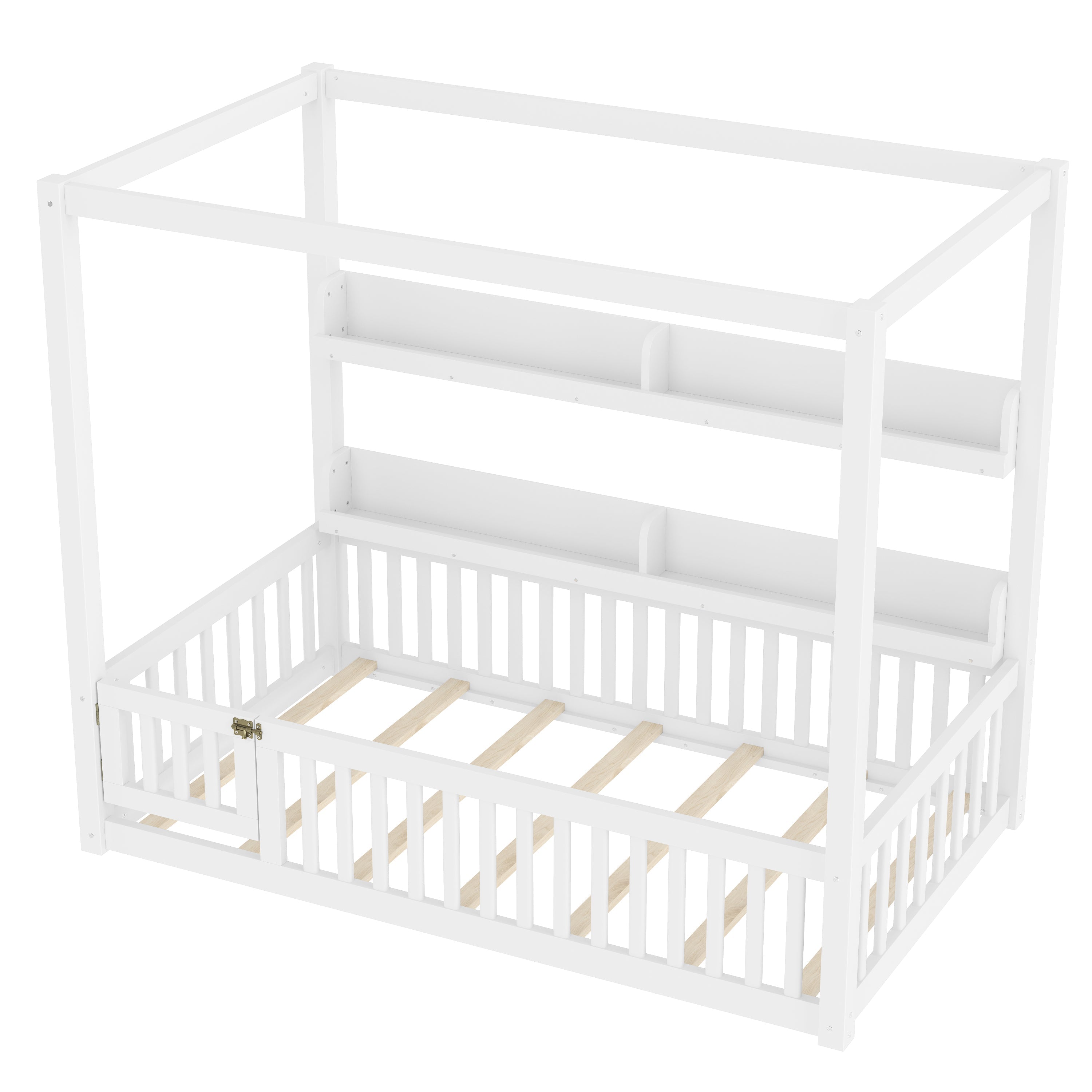Twin Size Canopy Bed with Guardrails, Solid Wood Floor Bed with Shelves, Montessori Floor Bed Frame for Kids, Boys, Girls, No Spring Box Needed, White
