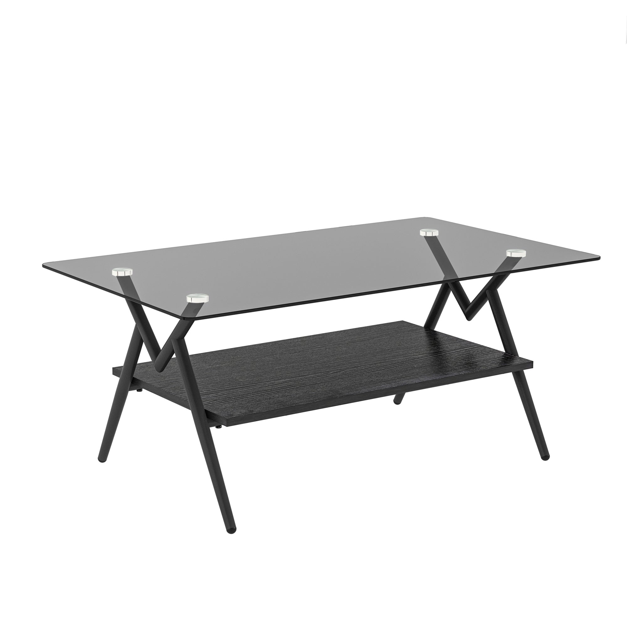 Rectangle Coffee Table with Tempered Glass top and Black MDF Shelf, Modern Table for Living Room, Gray Glass