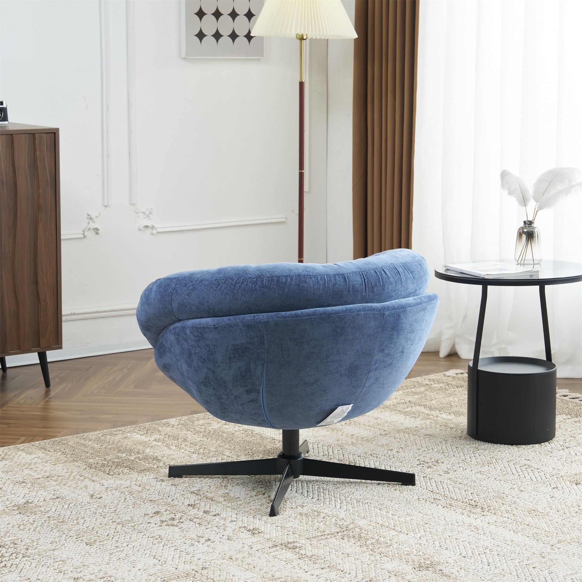 Modern Chenille Office Chair, 360° Swivel Accent Chair with Removable Cushion, Round Office Chair, Black Metal Base, Cotton Material, Living Room, Bedroom, Reading Corner, Office (Navy Blue)