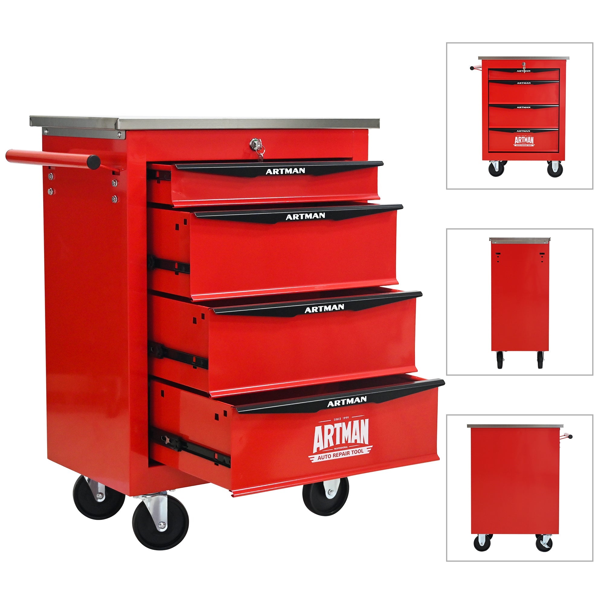4 Drawers Multifunctional Tool Cart with Wheels,Metal Rolling Tool Cart Storage for Garage Workshop Warehouse Repair Shop--With  Stainless Steel Roof- Red&Black