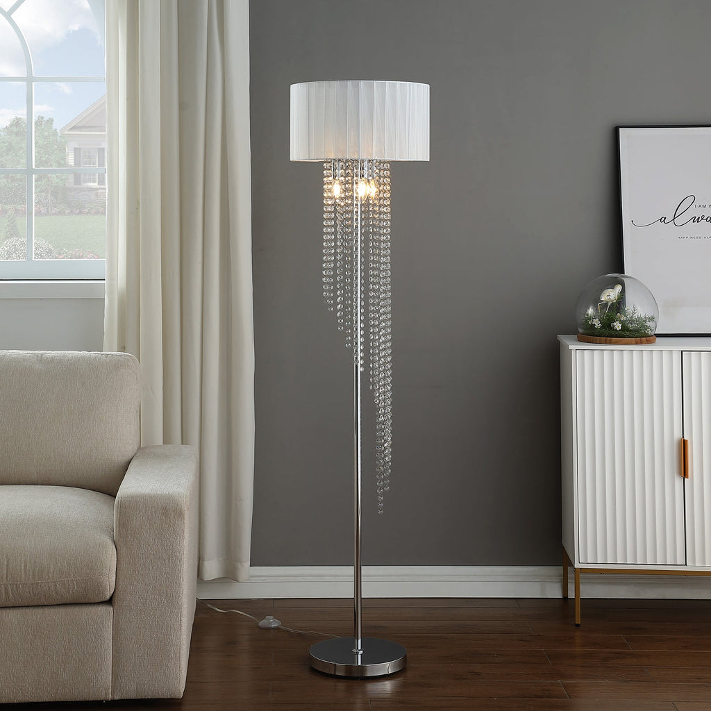 65.75'H Sheer White Drum Shade Rain Crystal Chrome Metal Floor Lamp for Living Room, Standing Lamp for Bedroom