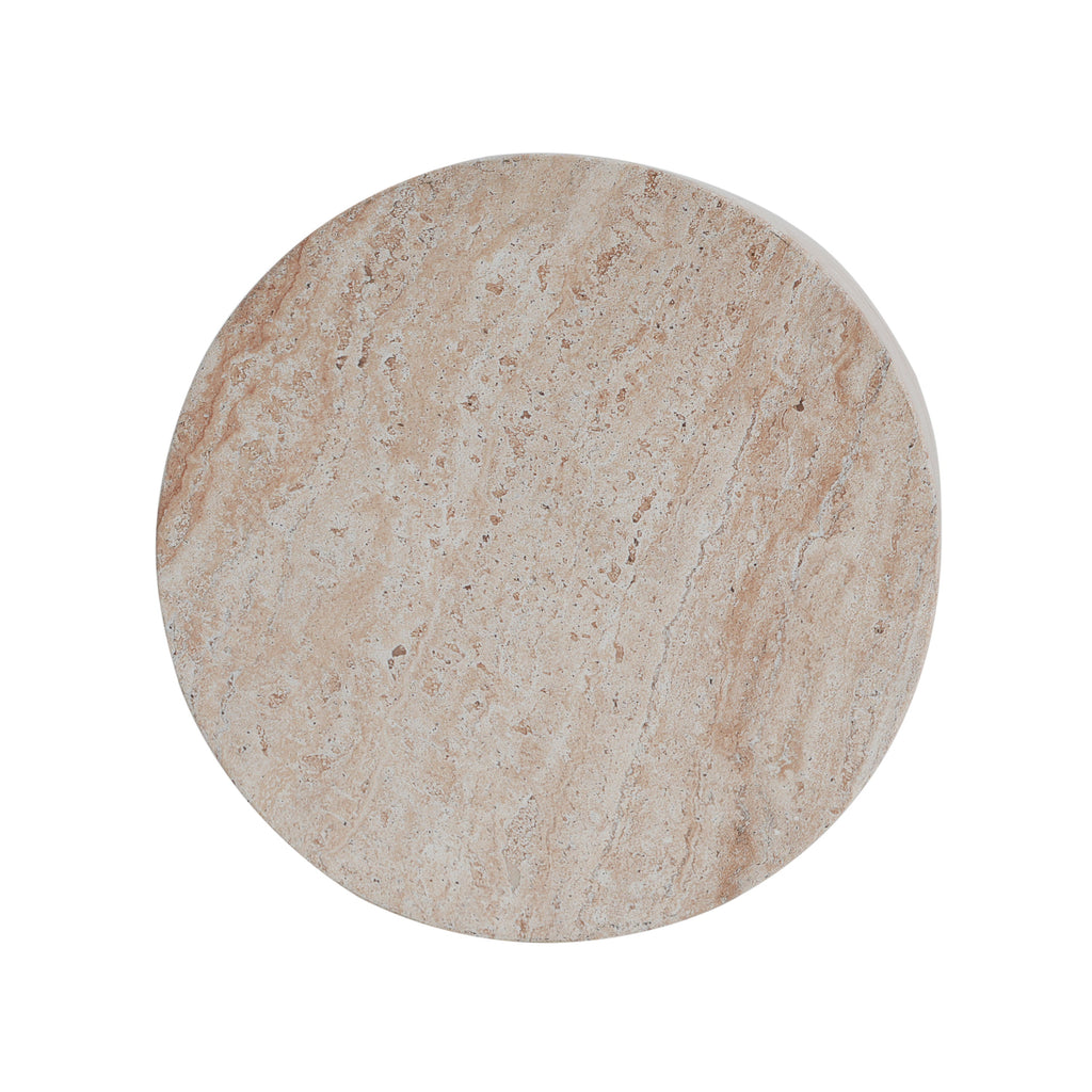 Modern Concrete Side Table with Travertine Finish, Indoor/Outdoor Use, Beige, 15.5 x 15.5 x 18.5 inches