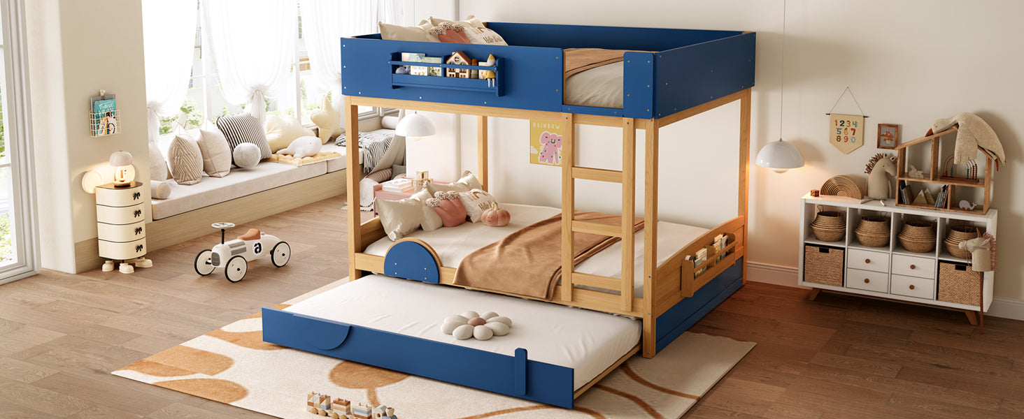 Queen Bunk Bed with Trundle , Wood Bunk Bed Frame with Built-in Bookshelf and High-quality Safety Guardrail,Automobile Form Design for Kids ,Blue＆Natural