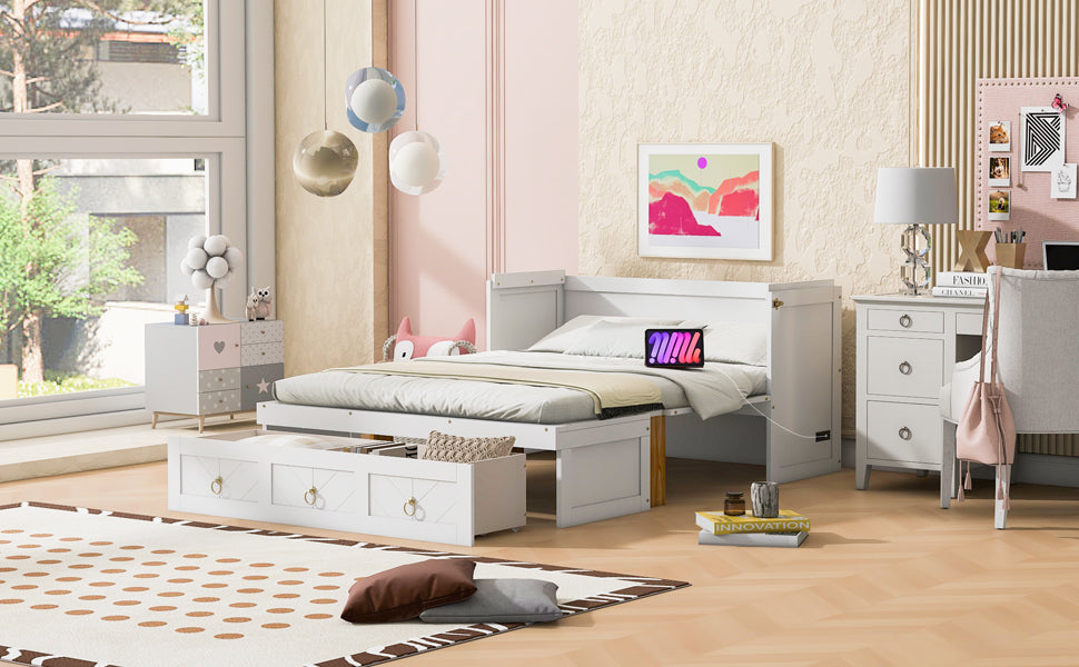 Full Size Murphy Bed with USB Port and a Large Drawer, White