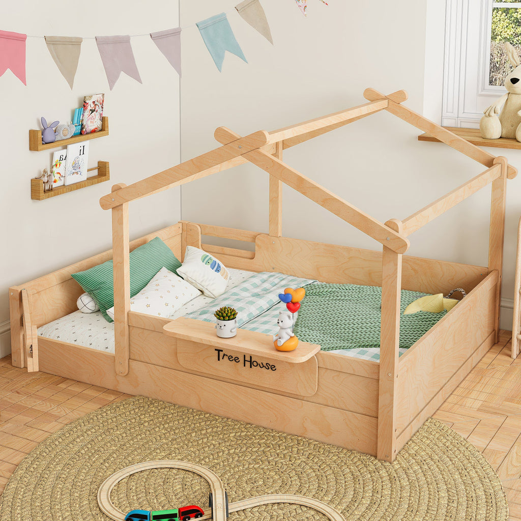 Full Size Floor Bed with Guardrails and Roof, Kids House Floor Bed with a Small Built-in Tray and Free-installed Signboard, Childlike Design, Natural